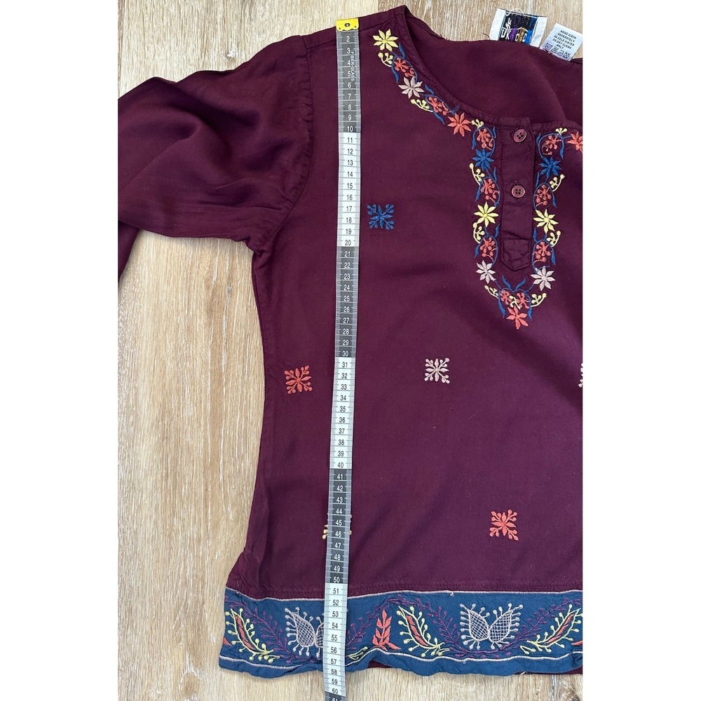 Vintage Flaky People Embroidered Boho Peasant Top Burgundy Folk Festival Medium - Picture 5 of 9